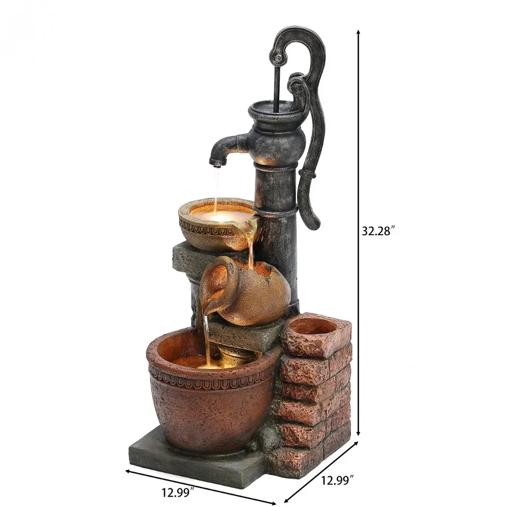Bauernhaus-Harzbrunnen mit Lichtern, Wasserbrunnen für den Außenbereich, Brunnen für den Außenbereich und Wasserfälle