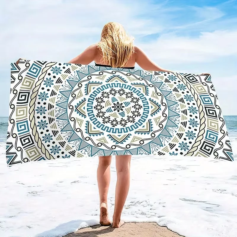 Super Sized Quick Drying Beach Towel Soft Microfiber Blue Beige White Black Gray, Mandala Pattern Durable Material Yoga Towel