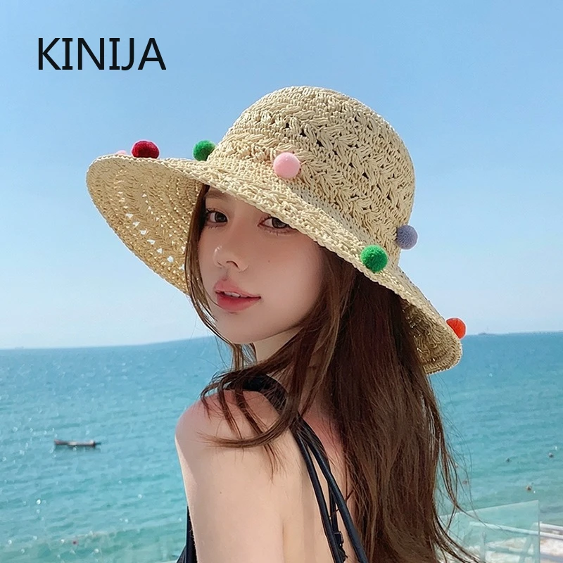Summer Bucket Hat Women Foldable Sun Crochet Hat for Beach Travel Vacation Handmade Straw Hat  Lightweight Breathable Accessory