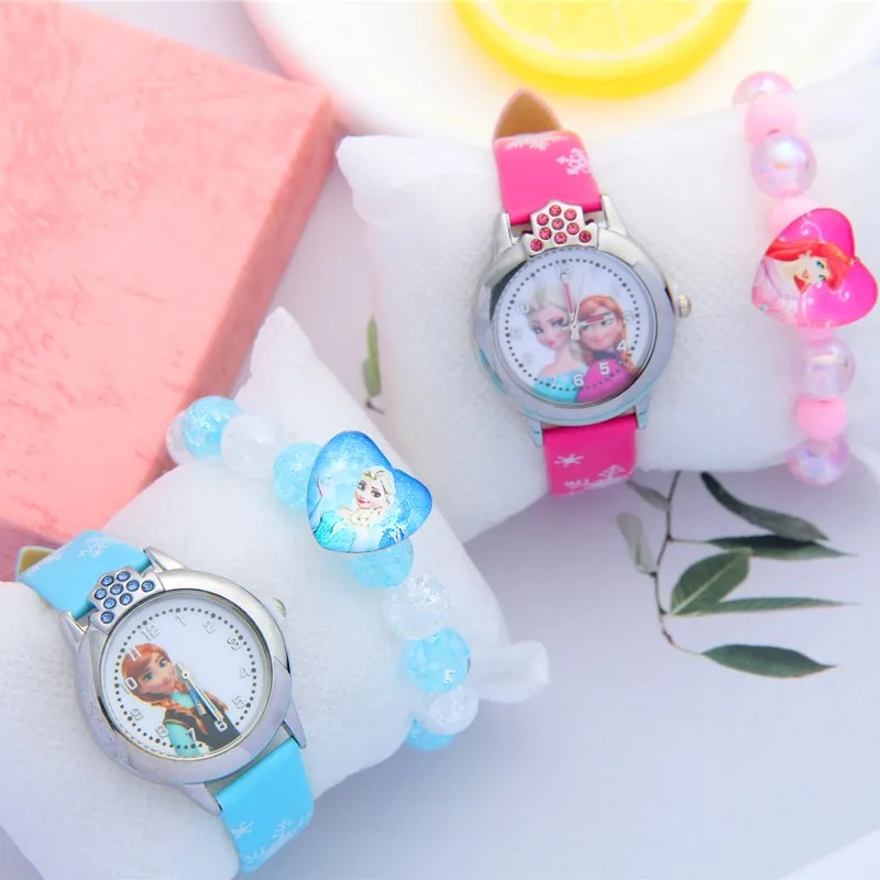 Disney-relojes de dibujos animados de Frozen para niñas, conjunto de pulsera de reloj de princesa Elsa, juguetes para niños, joyería para regalos de