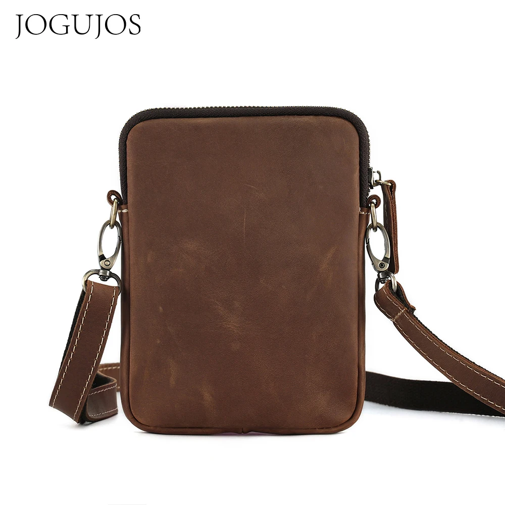 JOGUJOS Vintage Crazy Horse Leather Men\'s Crossbody Bag Genuine Casual Travel Small Messenger Cell Phone Purse Shoulder Bag 