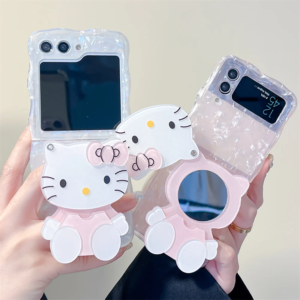 Sanrio Hello Kitty with Mirror Stand Phone Case for Samsung Galaxy Z Flip 3 4 5 5G PC Hard Anti-drop Back Cover Funda