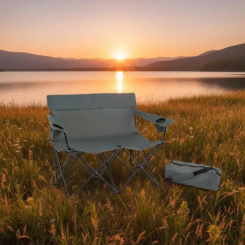 

Double Camping Chair 2-Person Outdoor Folding Loveseat with Cup Holders-Gray