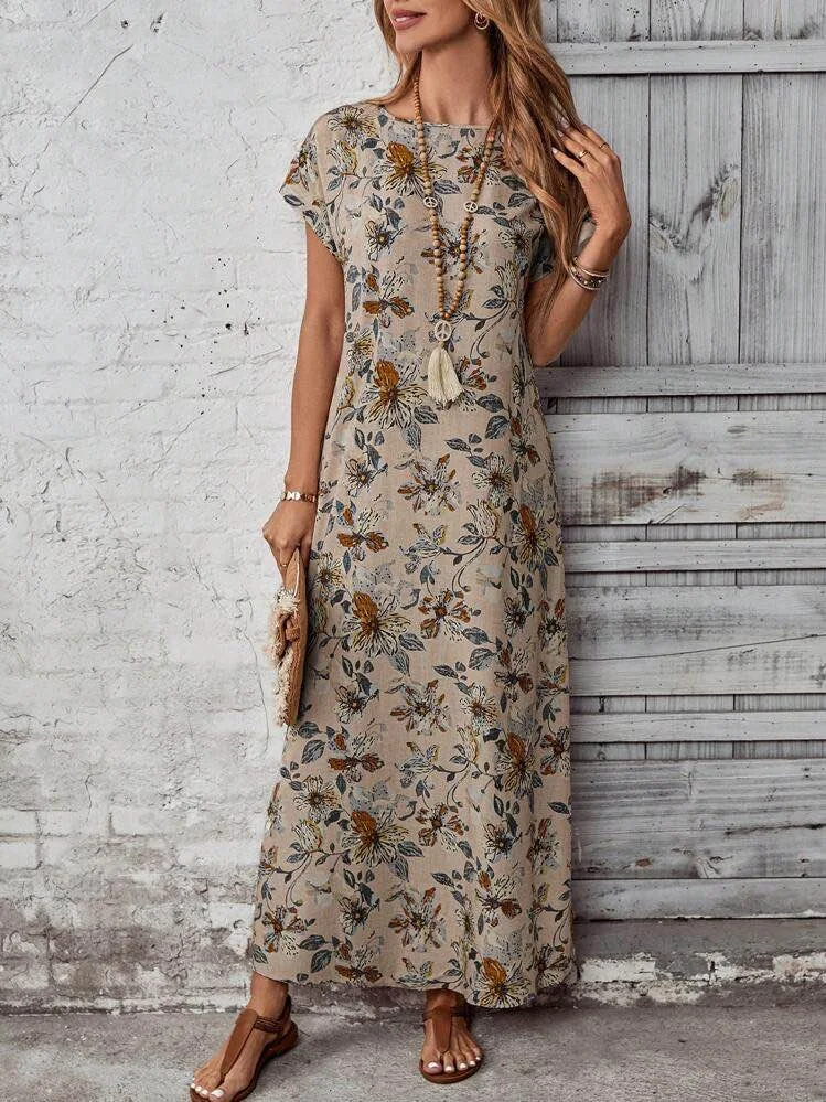 Summer Floral Pattern Round Neck Short Sleeve Maxi Dress Women Oversized A-Line Flared Long Dress for Casual Travel
