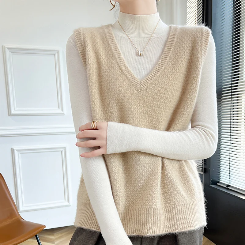 

Fashion Women 100% Merino Wool V-Neck Solid Color Knit Vest Sweater Pullover Cashmere Sleeveless Soft Warm Gentle Clothing Top