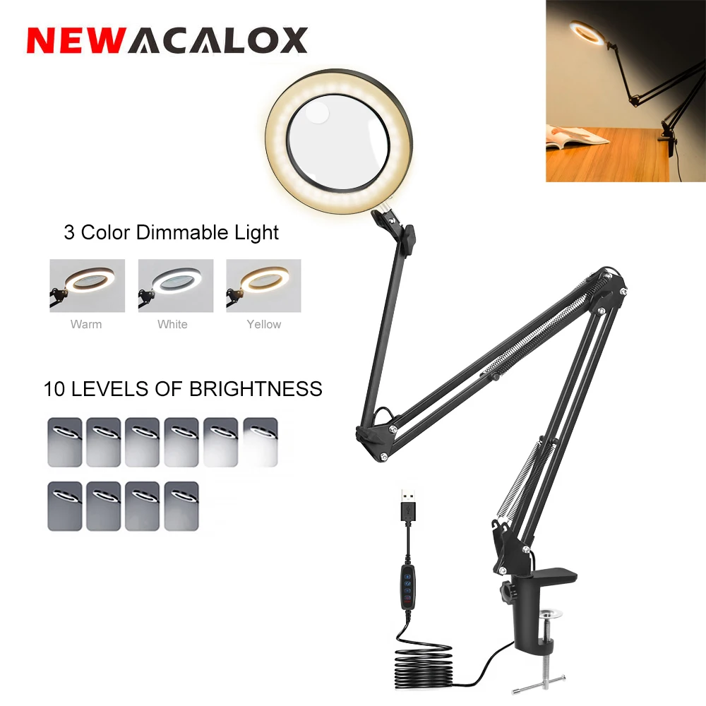 

Long Swinging Arm 10X/5X LED Magnifier 3 Colors Illuminated Magnifying Glass Soldering Tool Table Lamp for Close Work Repair