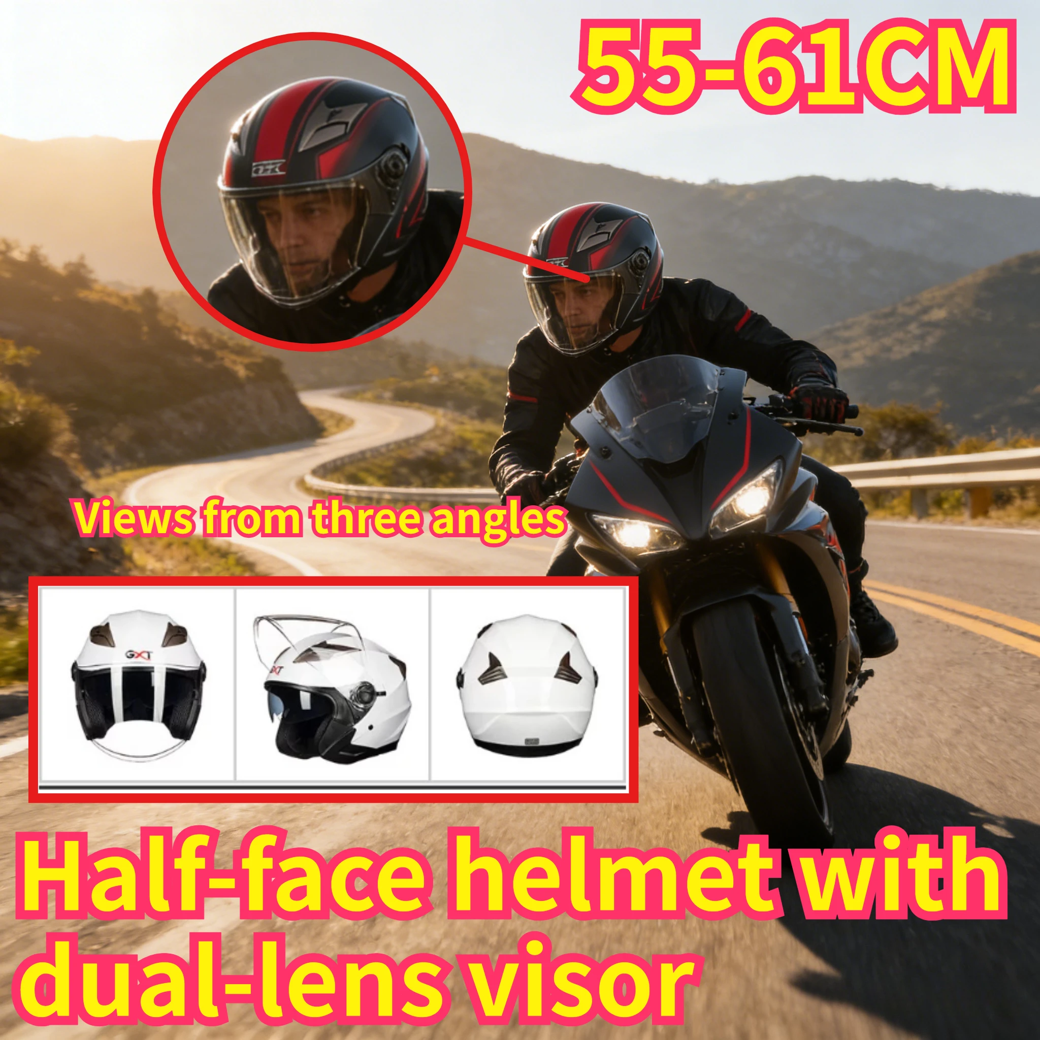 GXT Motorcycle riding winter half helmet, autumn and winter boys and girls helmet, battery car half helmet double lens