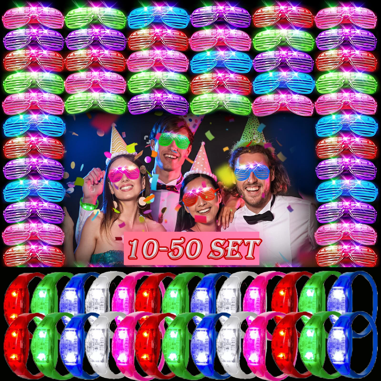

10-50Set LED Light Up Sunglasses LED Glow Bracelets Sound Activated Flashing Light Up Bracelet Luminous Sunglass Party Supplies