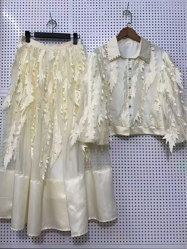 Camicia monopetto a maniche corte con trapano per unghie pesanti 2025 estate nuova + gonna con frange a vita alta abito da donna in due pezzi moda