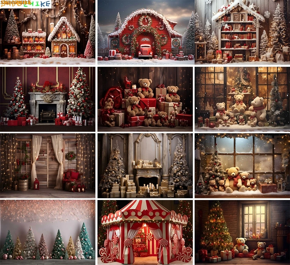 

Festive Christmas Room Fireplace Photography Backdrops Winter New Year Holidays Party Xmas Tree Window Photo Background BR-30