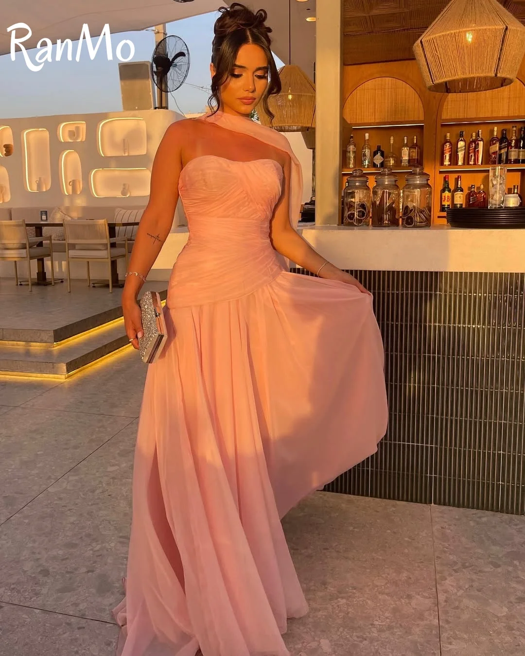 Ranmo Ruched Floor Length Evening Dresses Beach Long A Line Prom Gowns Chiffon Sleeveless Casual Robes Bal De Promo Customized