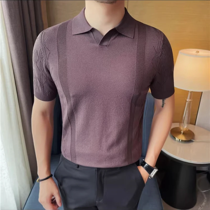 

2026 Summer Men's Short Sleeved Knitted Polo Shirts Ice Silk Casual Business V-neck Pullover Office Social T-shirt Men Clothing