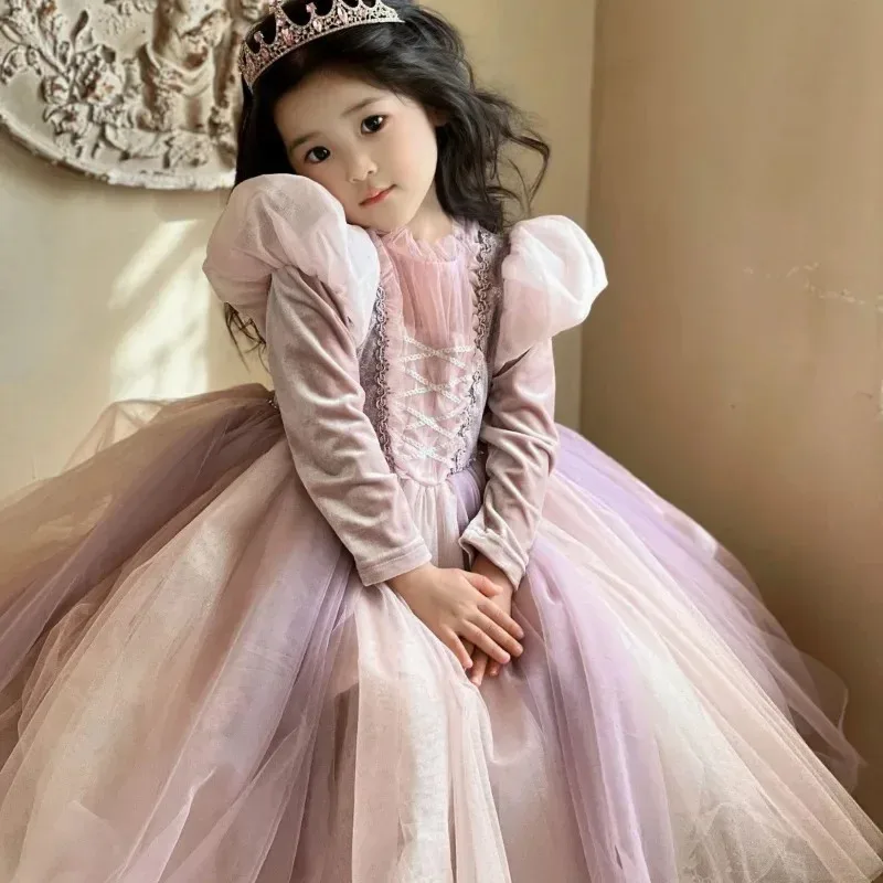 Rapunzel Princess Autumn/Winter Velvet Dress Halloween Carnival Fantasy Girl' Cosplay Dress Bubble Sleeves Birthday Dress