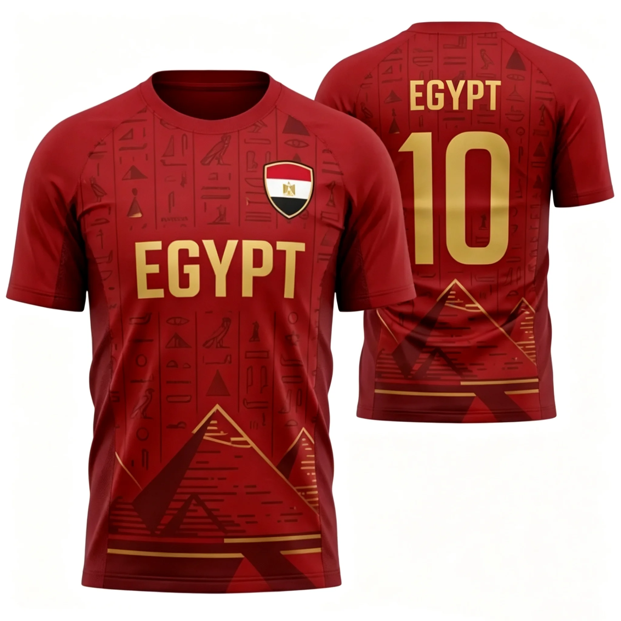 Egypt Pyramid Hieroglyph Print Red Football Jersey Golden EGYPT & Number 10 Breathable Quick Dry Unisex Sports Tee