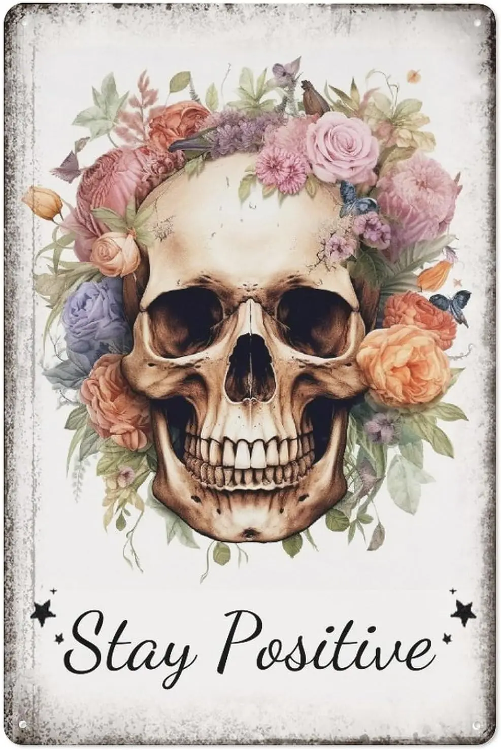 1p,Stay Positive Skull Decor Sign Gothic Room Metal Tin Sign Wall Decor  Inch