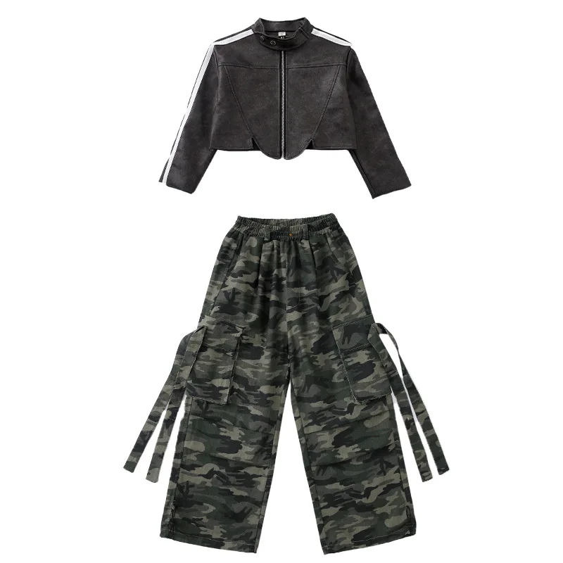 طفل Kpop الهيب هوب الملابس البني بولي Leather الجلود المحاصيل سترة أعلى كامو حزام المظلة البضائع السراويل لفتاة الجاز ملابس رقص الملابس #5