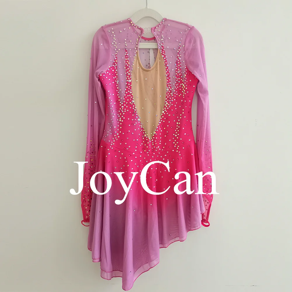 فستان JoyCan للتزلج على الجليد للفتيات باللون الوردي مطبوع بأحجار الراين المتلألئة وثياب أداء المنافسة حسب الطلب