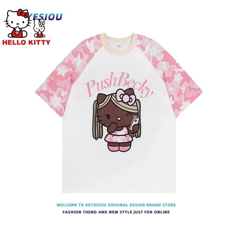 Hello Kitty Loose Camouflage Printing T-shirt Cotton American Casual Cartoon Women Men Short Sleeve Fashion Tees Couple Clothing