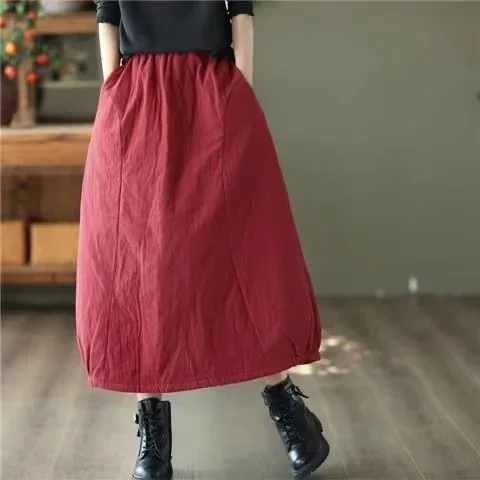 Careaymade New Autumn Winter Print Cotton Skirt Women Elastic Waist Thick Warm Long Skirts Female Loose Vintage Skirts