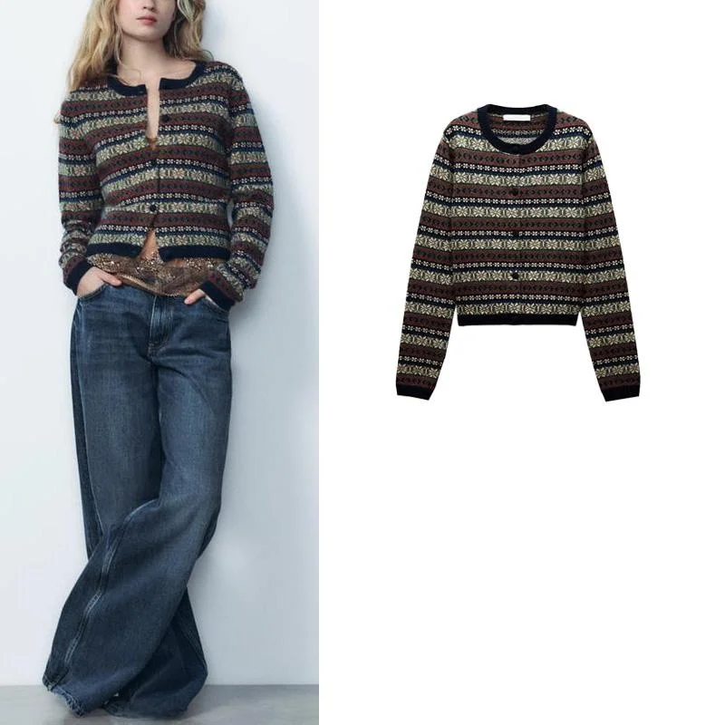 Chaqueta de Punto Hoada de Manga Larga con Cuello Redondo para Mujer, Novedad de Otoño Invierno, Bloques de Color, Bordado ...