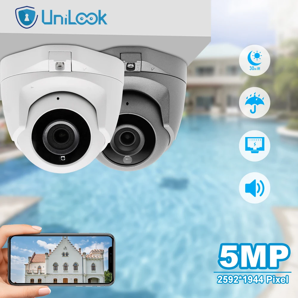 

UniLook 5MP POE Mini Dome Camera Security Outdoor Hikvision Protocol CCTV Video Surveillance IP Camera IR 30M Audio Built-in Mic