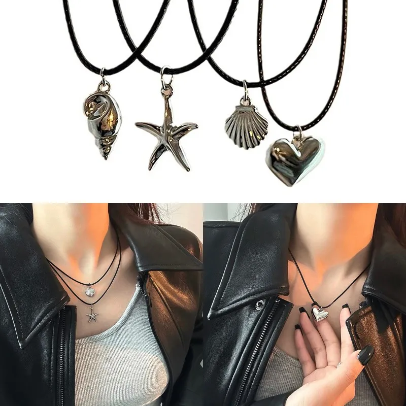 الرجعية الأسود حبل القلب شل قلادة قلادة للنساء الفتيات نجم البحر سلسلة الترقوة قلادة مجوهرات هدية اكسسوارات