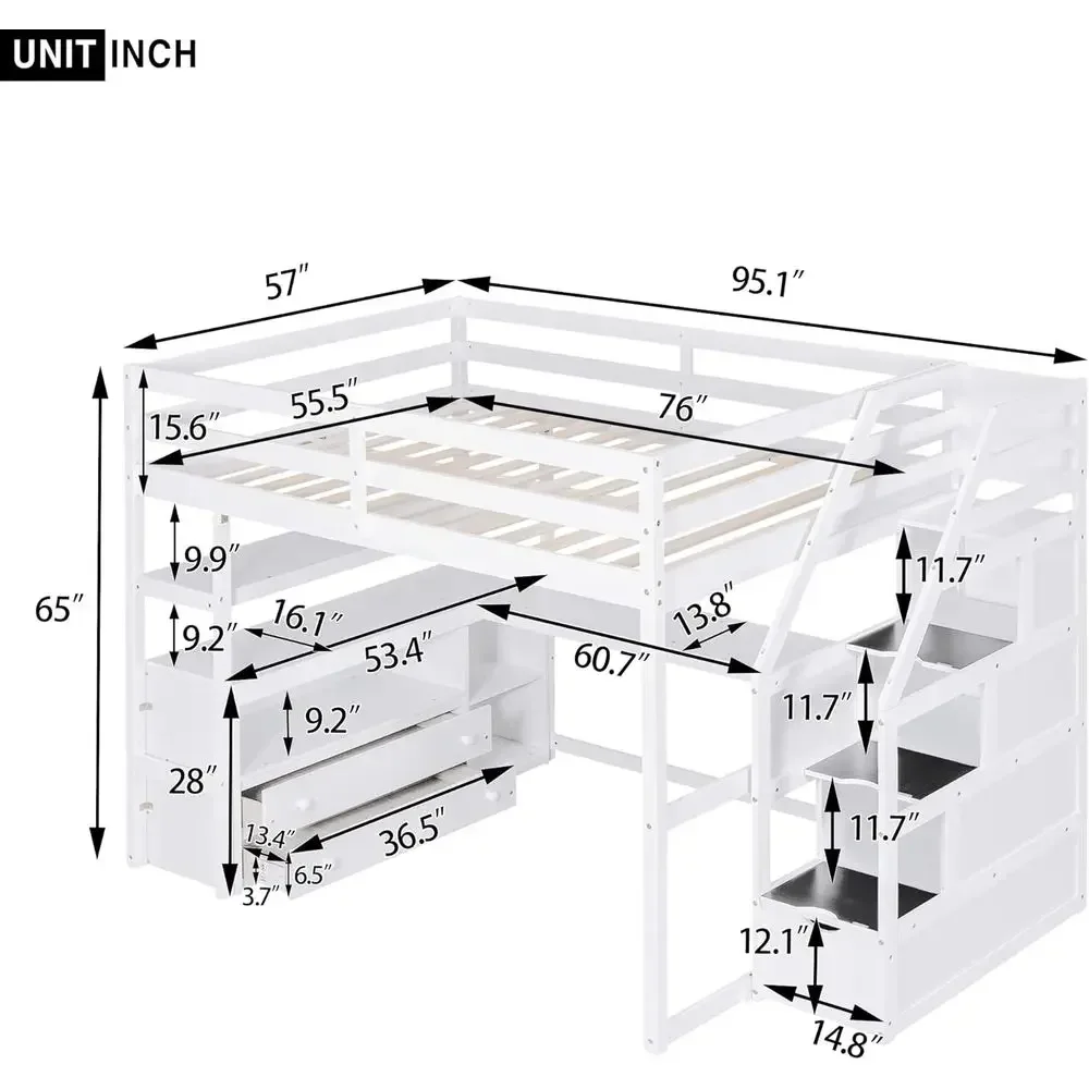 Full-Size Loft Bed with Desk, Storage Shelves, and Staircase for Kids, Teens, and Adults