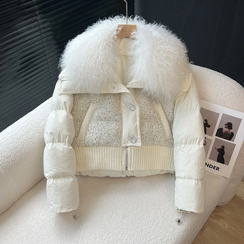 Women's Winter Top Coat Down Jacket White Duck Down Patchwork Short Fur Collar Thickened Warm Simple Comfortable Niche Versatile