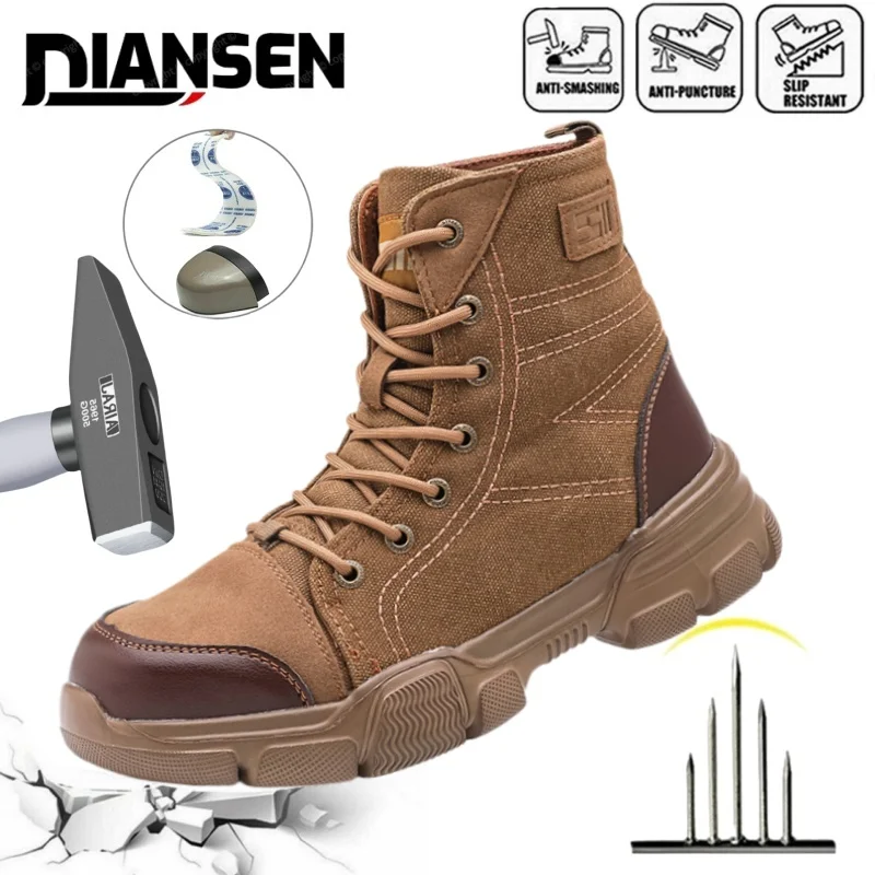 

Холщовые ботинки со стальным носком, противоударная неразрушимая нескользящая строительная рабочая обувь, легкие дышащие походные мужские ботинки