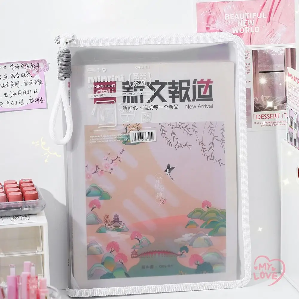 Borsa per documenti portatile trasparente con cerniera A4 con cordino Borse per cartelle di file di grande capacità Borsa per riporre materiale scolastico per ufficio