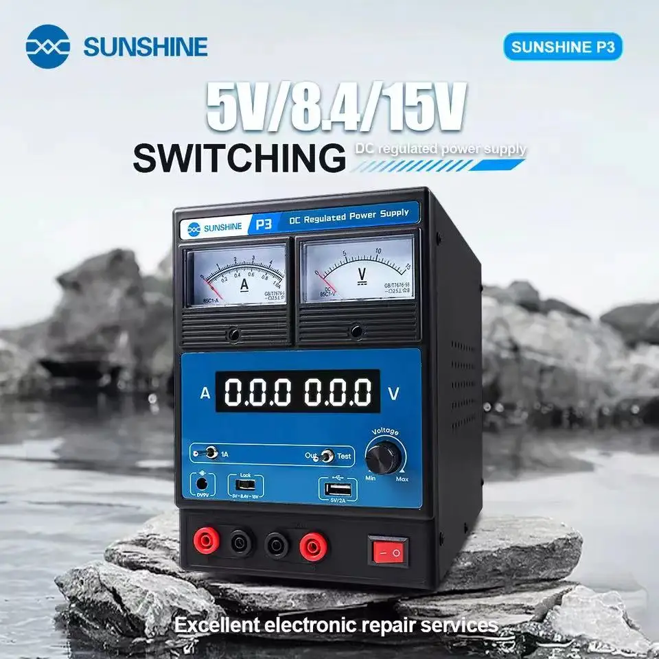 

SUNSHINE P3 DCRegulated Power supply 5V/8.4V/15VSwitching Dual Digital Display Dual Pointers Automatic Short Circuit Protection