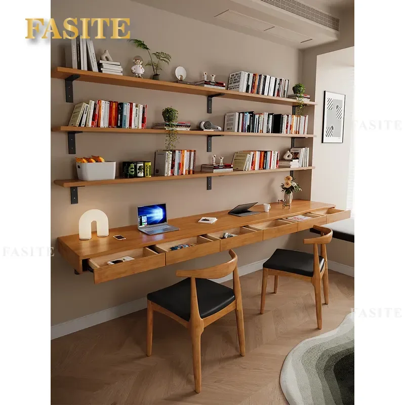 For Solid Wood Long Desk Bookshelf Combination Study Table Wall Mounted Computer Desk Integrated Student Household Furniture