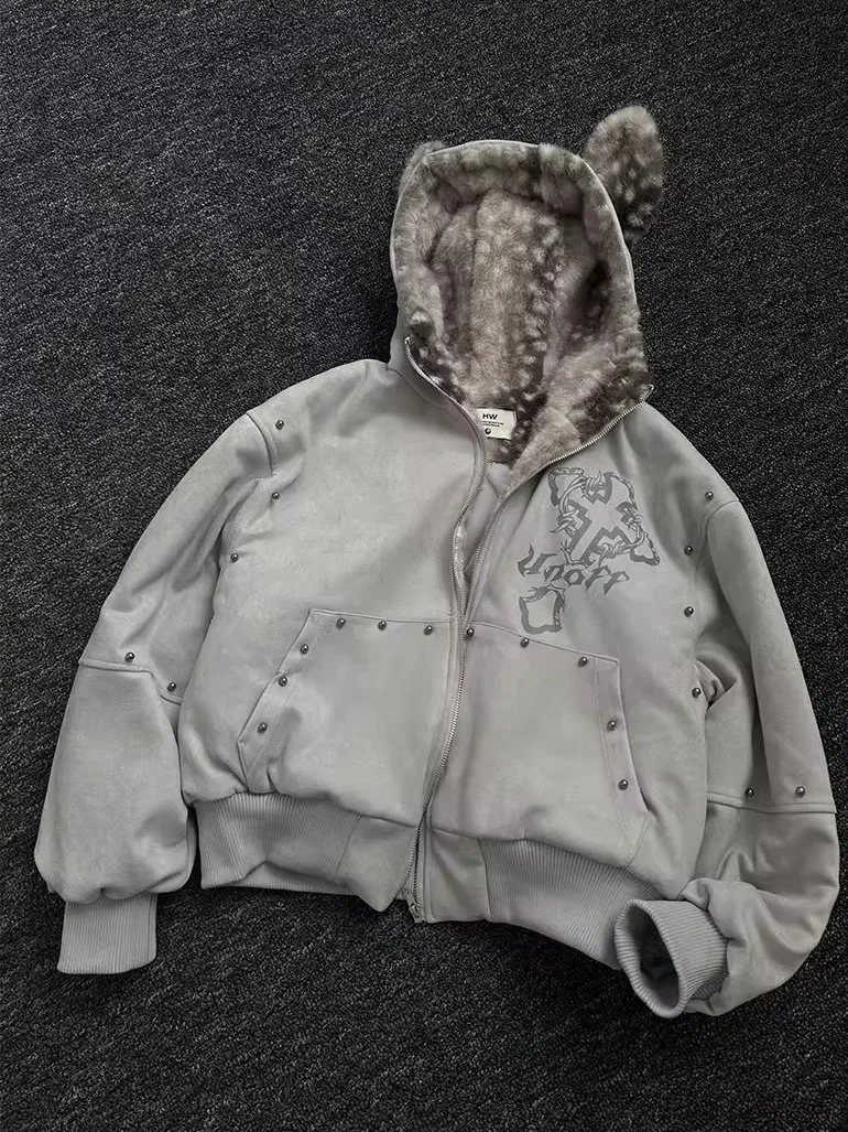 

Street Sle Thiened Fluffy Hooded Cotton Jaet ex Loose Fit Autumn Winter Coat Ear Design Warm Comfortable Outerwear