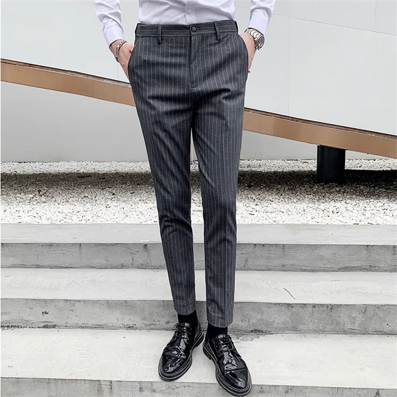 New Men Business Social Slim Fit Striped Suit Pants Black / Gray Homme Wedding Dance Party Dress Trousers