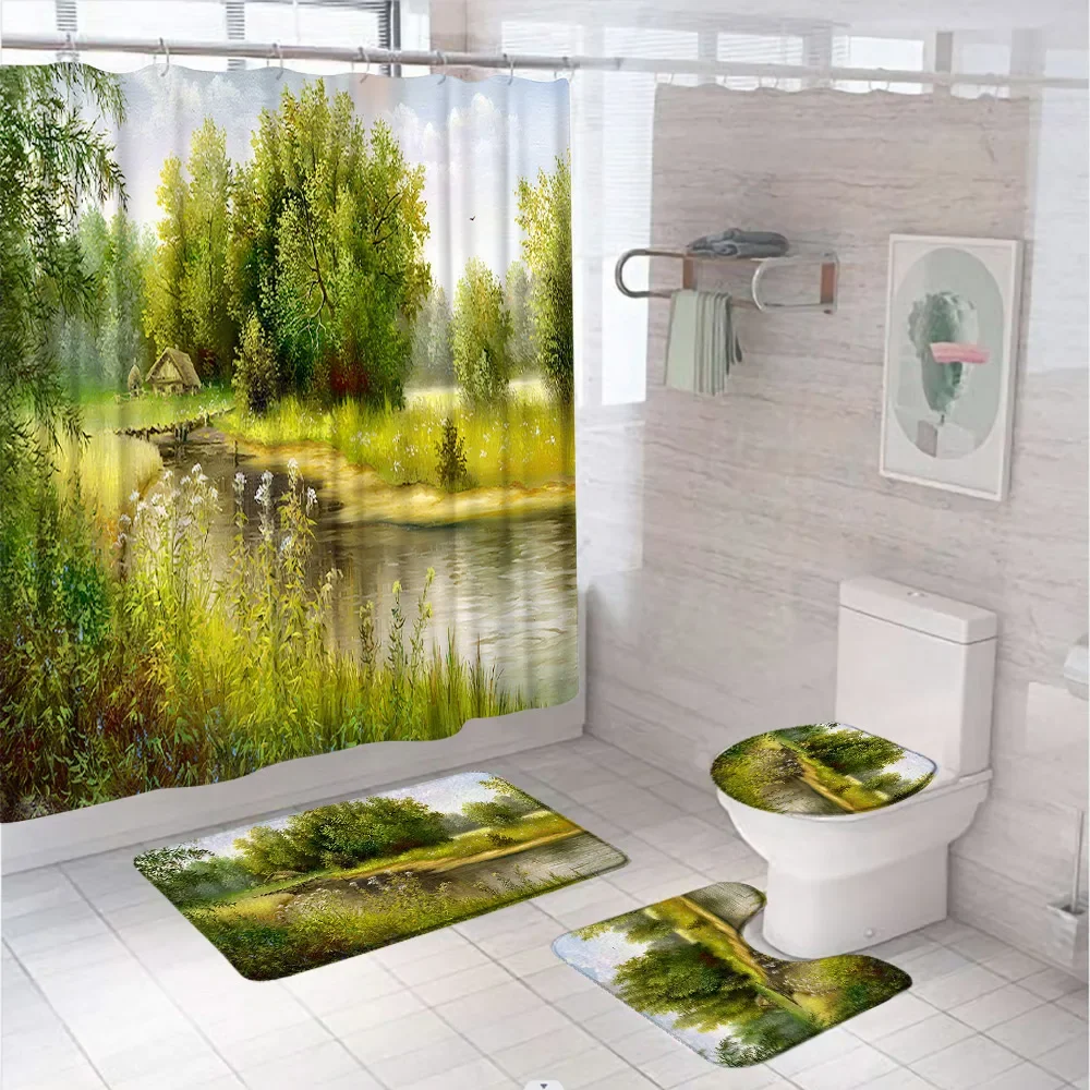 Green Forest Nature Tree Waterproof Fabric Bathroom Shower Curtain Set Landscapes Home Anti-Slip Rug Toilet Lid Cover Bath Mats