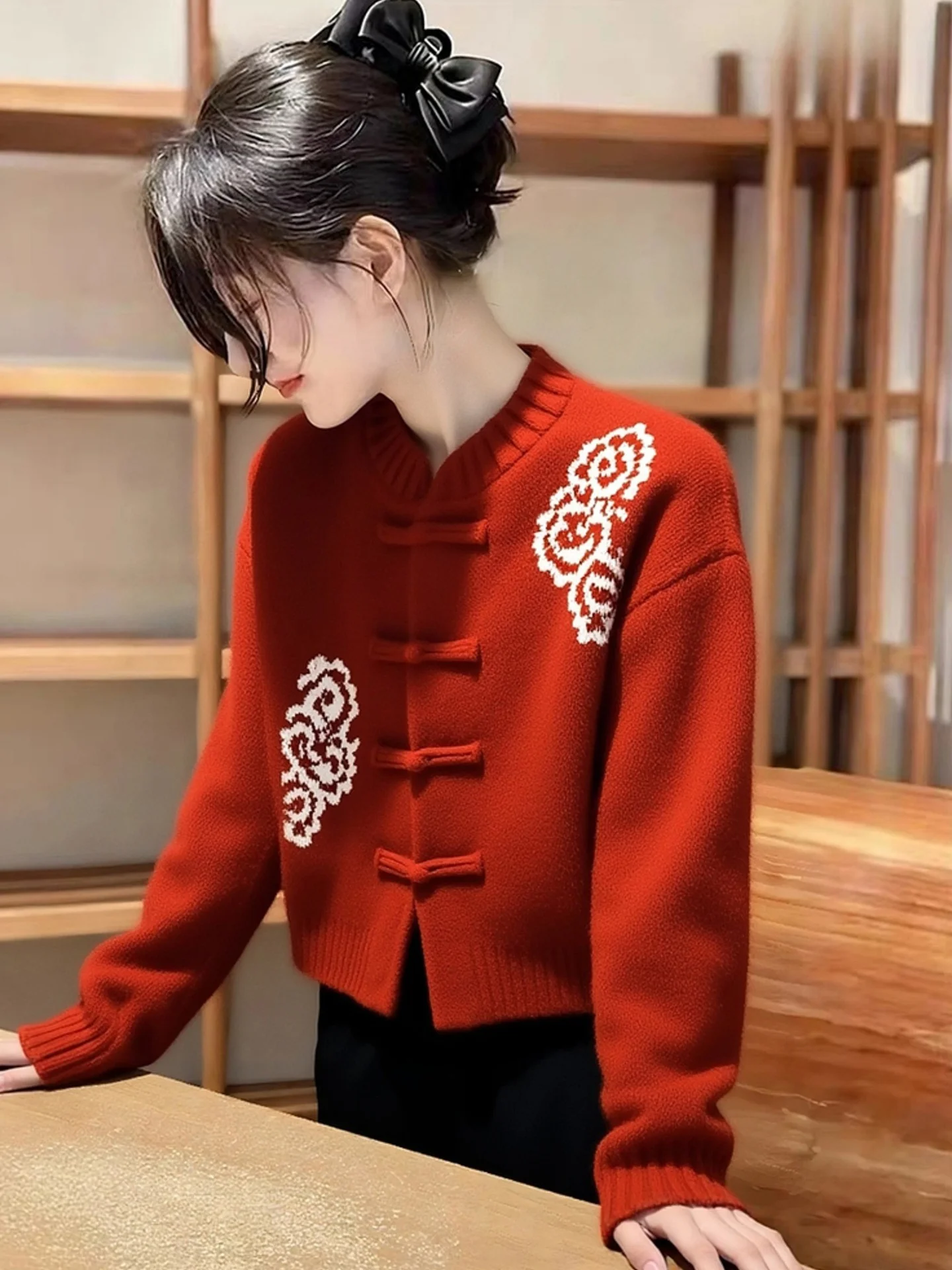 

Versatile Long Sve Knitwear Red Chinese Button Design Winter Women's Top Faionable Commute Loose Fit Breathable Windproof