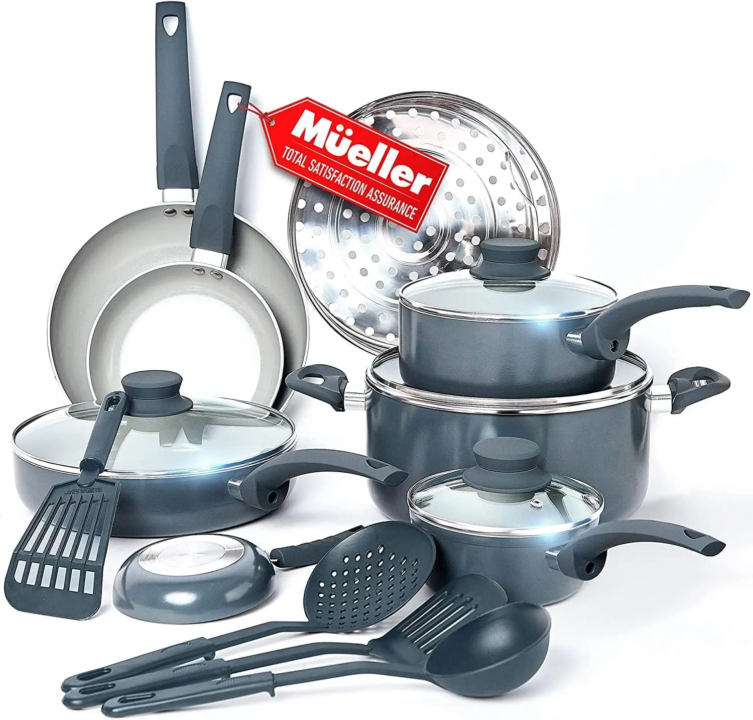 

Nonstick Stone Cookware Set - PFOS/PFOA-Free, Stainless Steamer and Fry Pan, Vented Lids - Light Grey