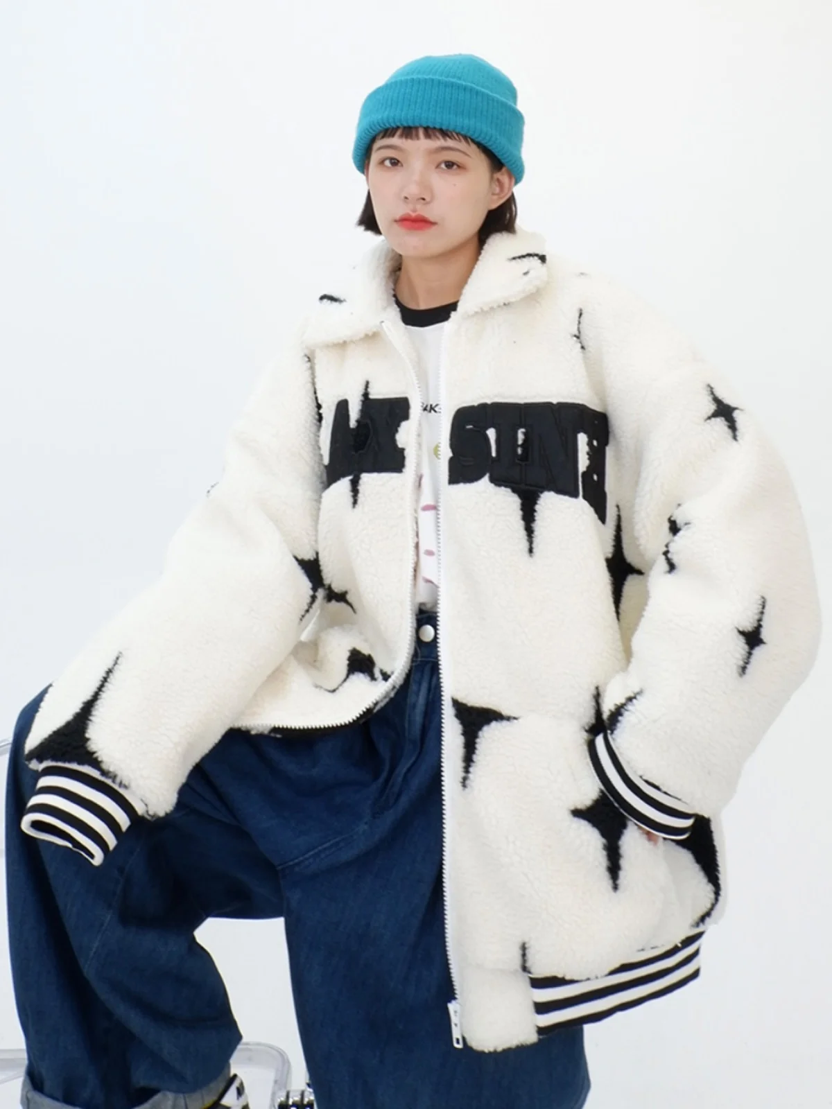 

Star Lamb Wool Polo Collar Cotton Coat for Women's 2023 Winter New Loose Fit BF Street Hip Hop Thickened Jackets