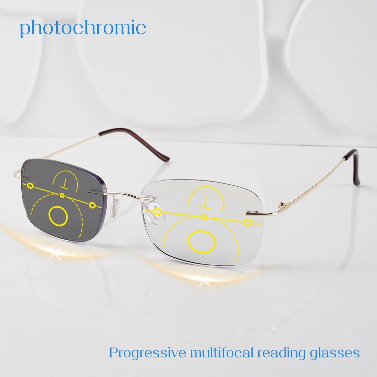 Progressive Multifokal-Lesebrille, photochromatisch, leicht und rahmenlos, geeignet für Männer und Frauen, +100 bis +400 – Detail 3