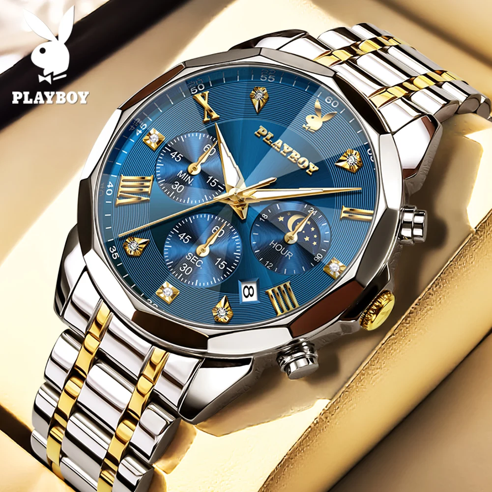 

Часы PLAYBOY, мужские водонепроницаемые светящиеся многофункциональные кварцевые наручные часы, оригинальные деловые роскошные мужские часы с фазами Луны, 3523