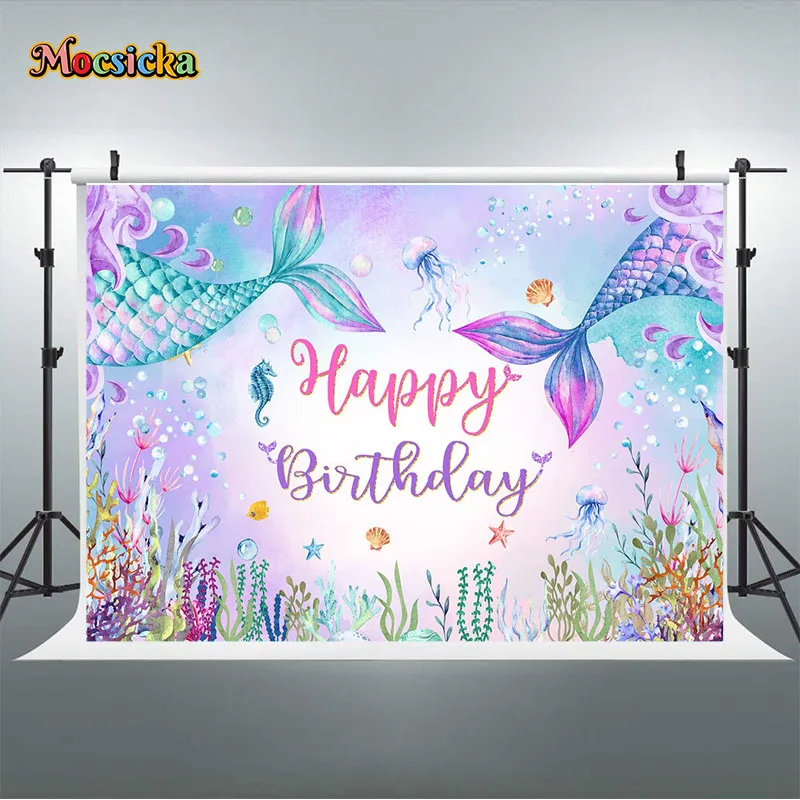 Mocsicka Zeemeermin Prinses Achtergronden Fotografie Baby Meisje Verjaardag Glitters Zeemeermin Staart Photocall Zeebodem Shell Achtergronden