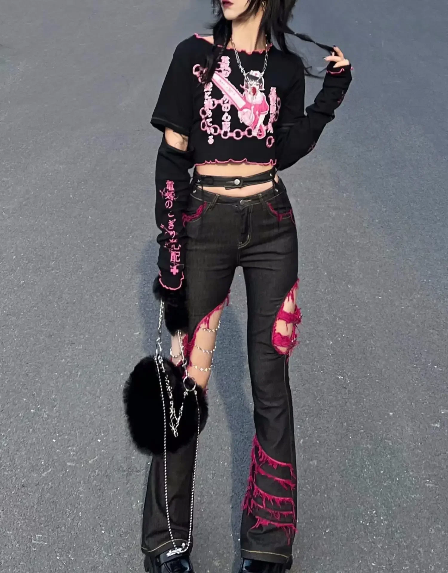 Japanese Punk Girl Black Jeans Subculture Hollow Out Diamond Chains Hot Girl Sexy Cowboy Sweet Cool Cute Slim Flare Denim Pants