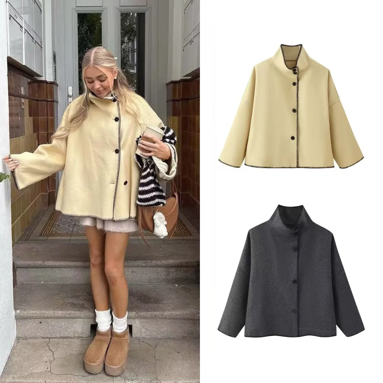 

Женское шерстяное пальто со свободными рукавами и плечами, женское осеннее элегантное пальто на пуговицах с высоким воротом и длинными рукавами, женские повседневные пальто