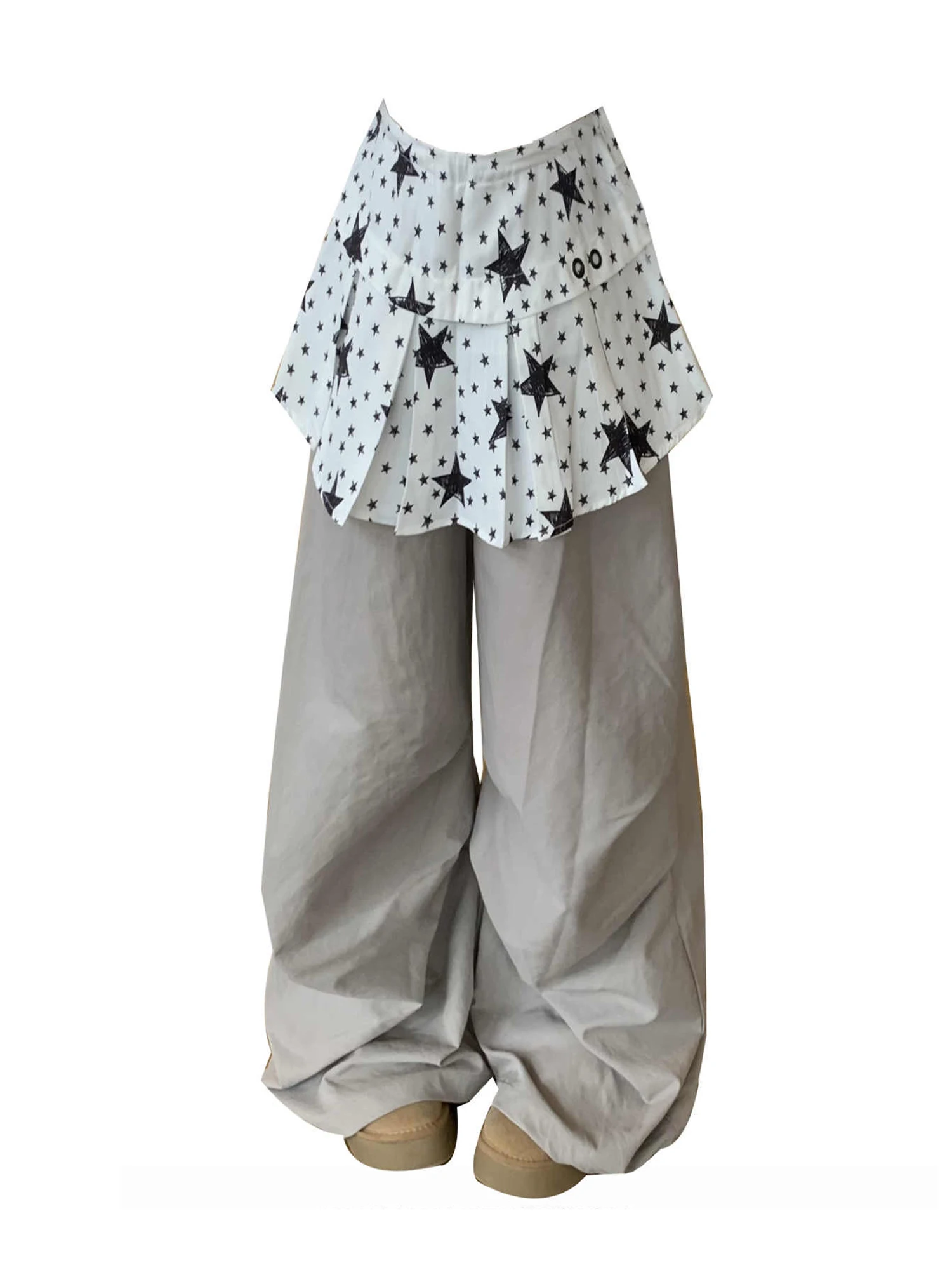 Women Grey Baggy Star Patchwork Parachute Pants Oversize Pants with Skirt Harajuku Japanese 2000s Style 90s Vintage Y2k Trousers