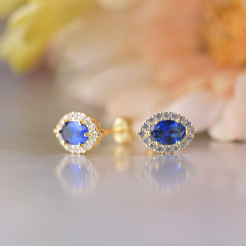 ITSMOS 925 Sterling Silver Blue Created Sapphire Stud 14k Gold-plated Gemstone Earrings Halo Princess Post Earrings for Women