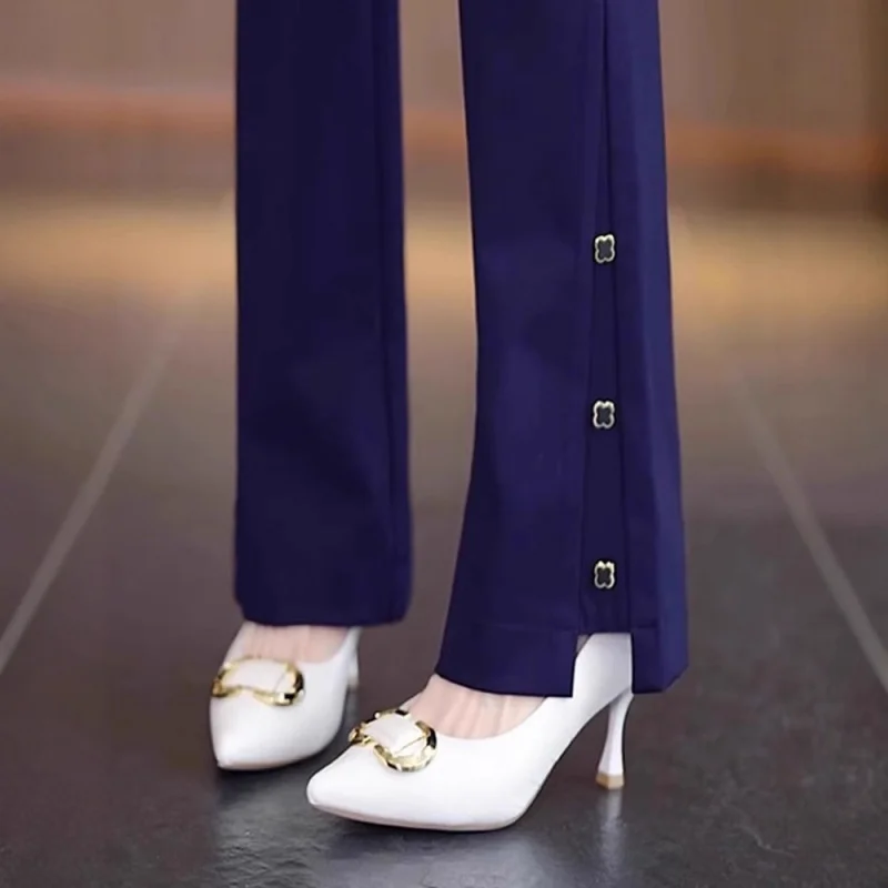 سروال بدلة زرقاء للنساء، ملمس راقي، ثنيات، صغير الحجم، نمط صيفي رقيق، متعدد الاستخدامات، تنحيف، سروال واسع قليلاً