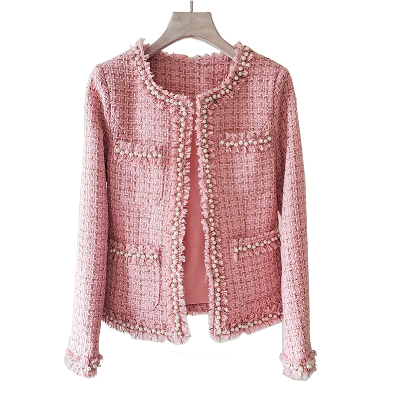 Pink tweed women jacket Hand-made beads spring / autumn / winter woolen coat new Wool classic jacket Ladies