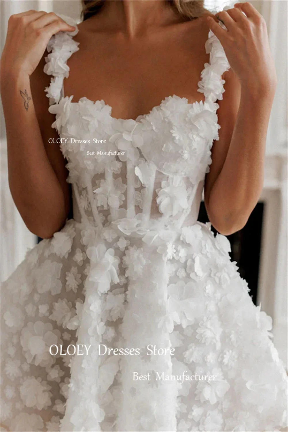 OLOEY Ivory Spaghetti Straps Short Wedding Dress Corset Sleeveless Exquisite Lace 3D Flowers A Line Free Customized Bridal Gowns