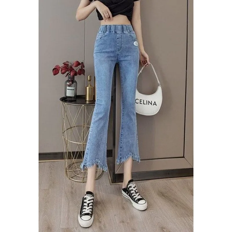 

Женские джинсы с высокой талией и микро-клешем, весна-лето, новые, эластичные, утягивающие, укороченные (7/8), маленькие размеры, расклешенные брюки