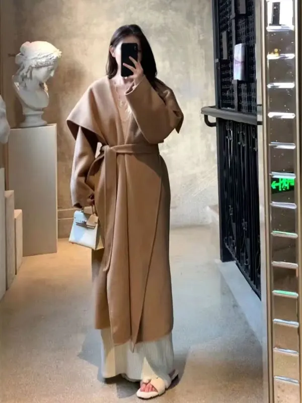 

Корейское длинное шерстяное пальто с поясом, модная зимняя верхняя одежда Ele для молодых женщин, не выцветающий цвет